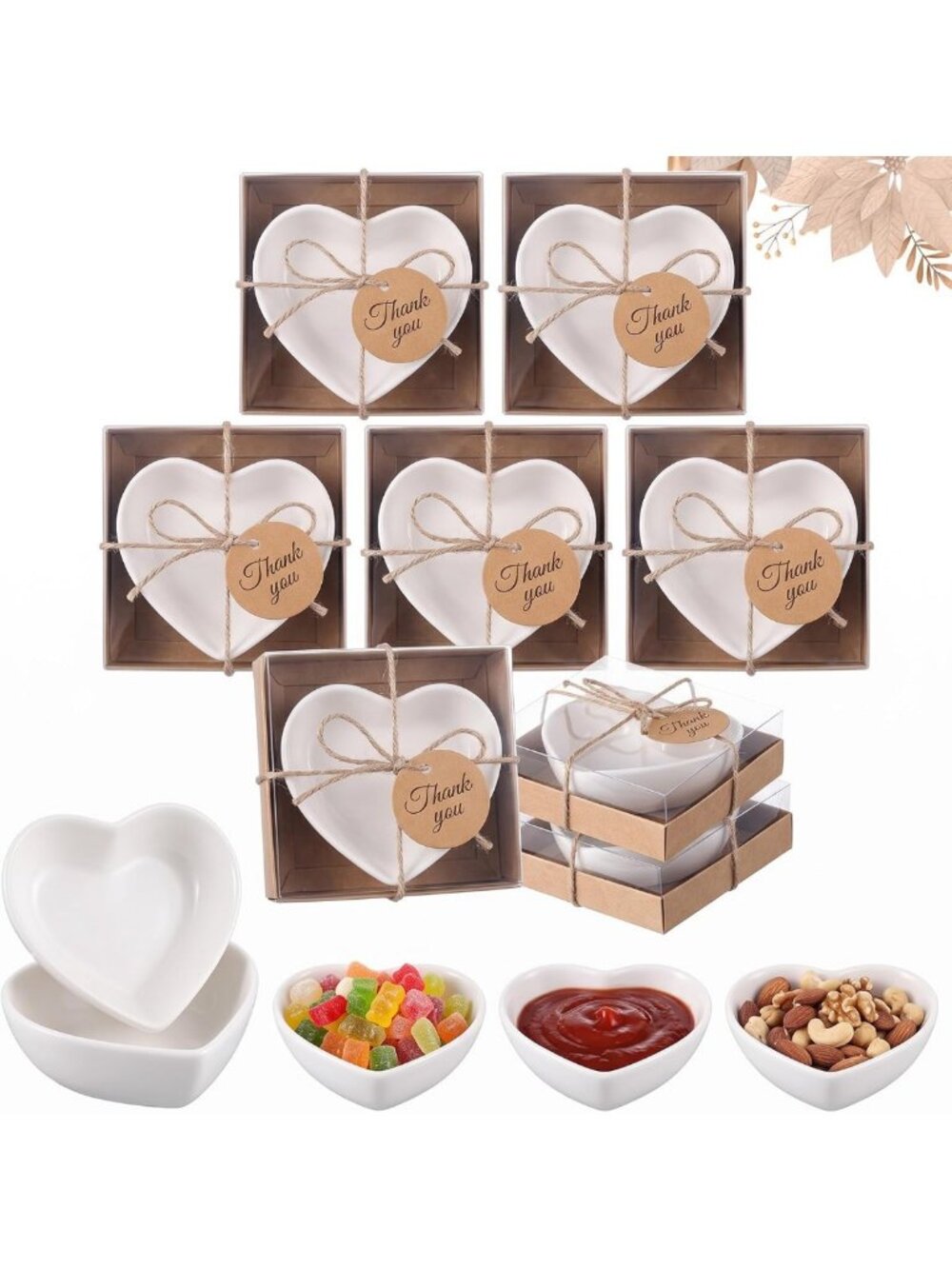 Mini Ceramic Heart Shaped Bowls Set - 18 Pack, 3.15" White Gift Bowls for Decor